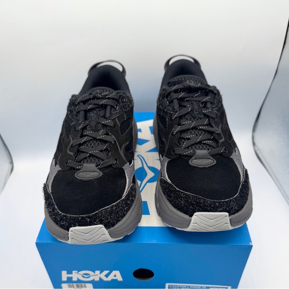 NWT Hoka Clifton Elite Terrain System L Suede Leather Black Grey Unisex Sneakers - Picture 12 of 16